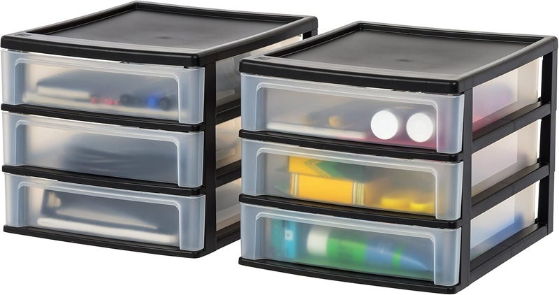 IrisUSA Plastic Stacking Desk Top 3-Drawer Storage Organizer, 2-Pack, for Makeup Vanity Nail Polish Bathroom Stationery Art Craft Supplies Kitchen Office Garage and Small Organization, Medium, Black - Image 1